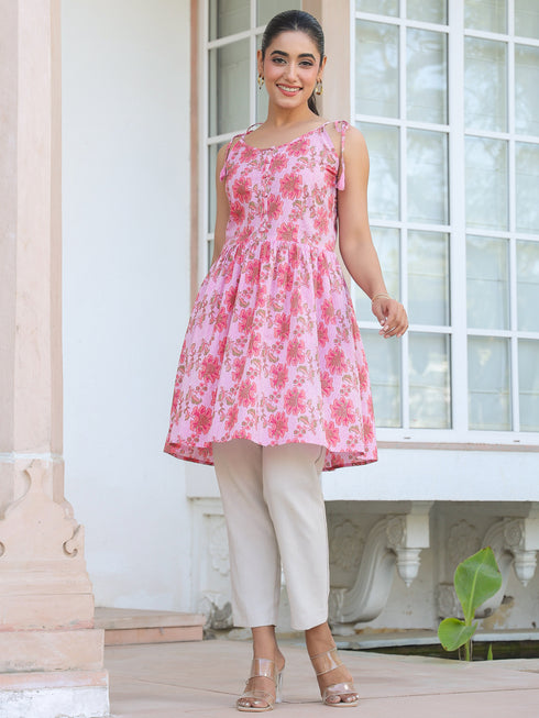 Pink Pure Cotton Floral Printed A-line Tunic